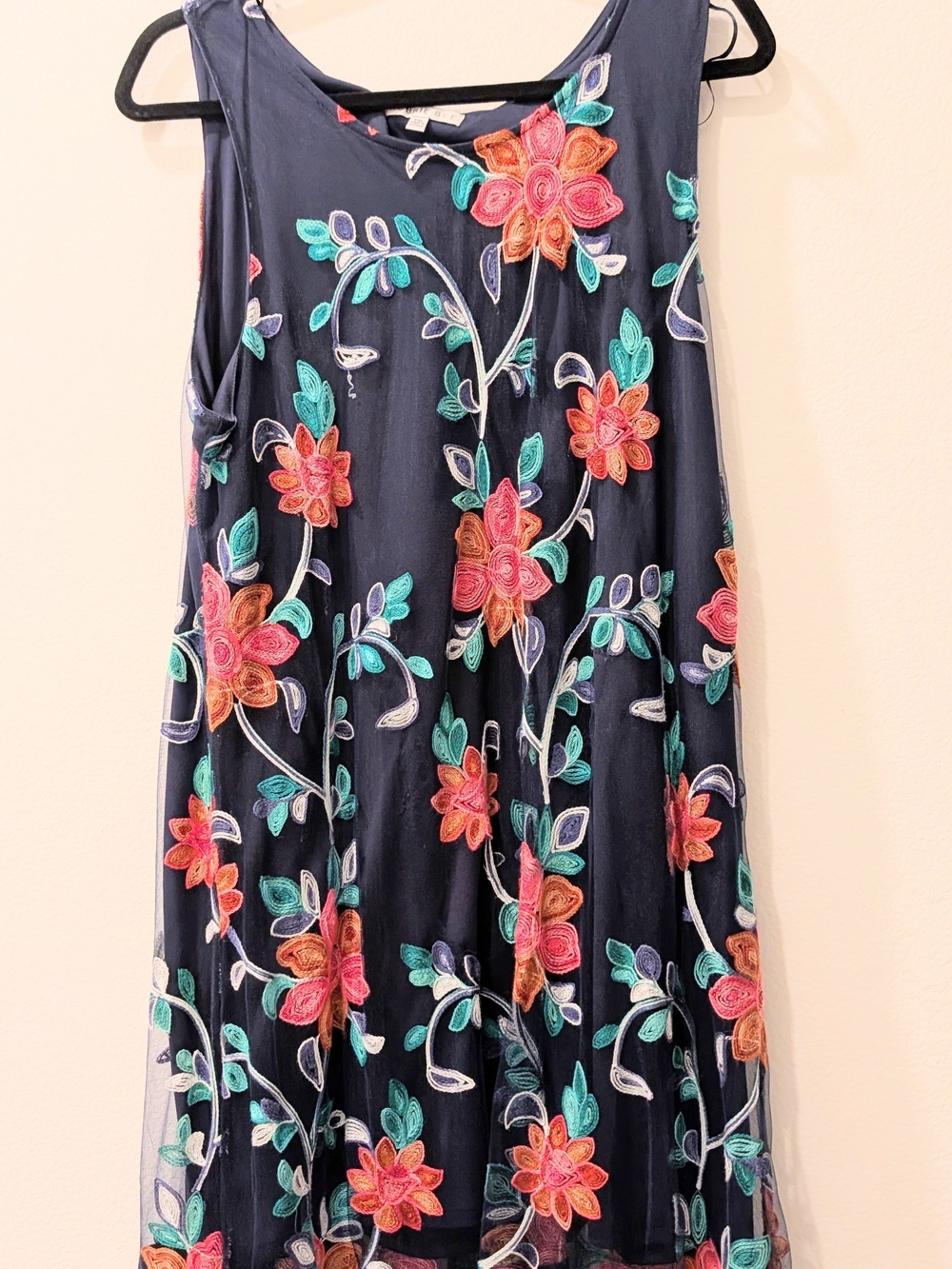 Sleeveless Navy Floral Embroidered A-Line Dress